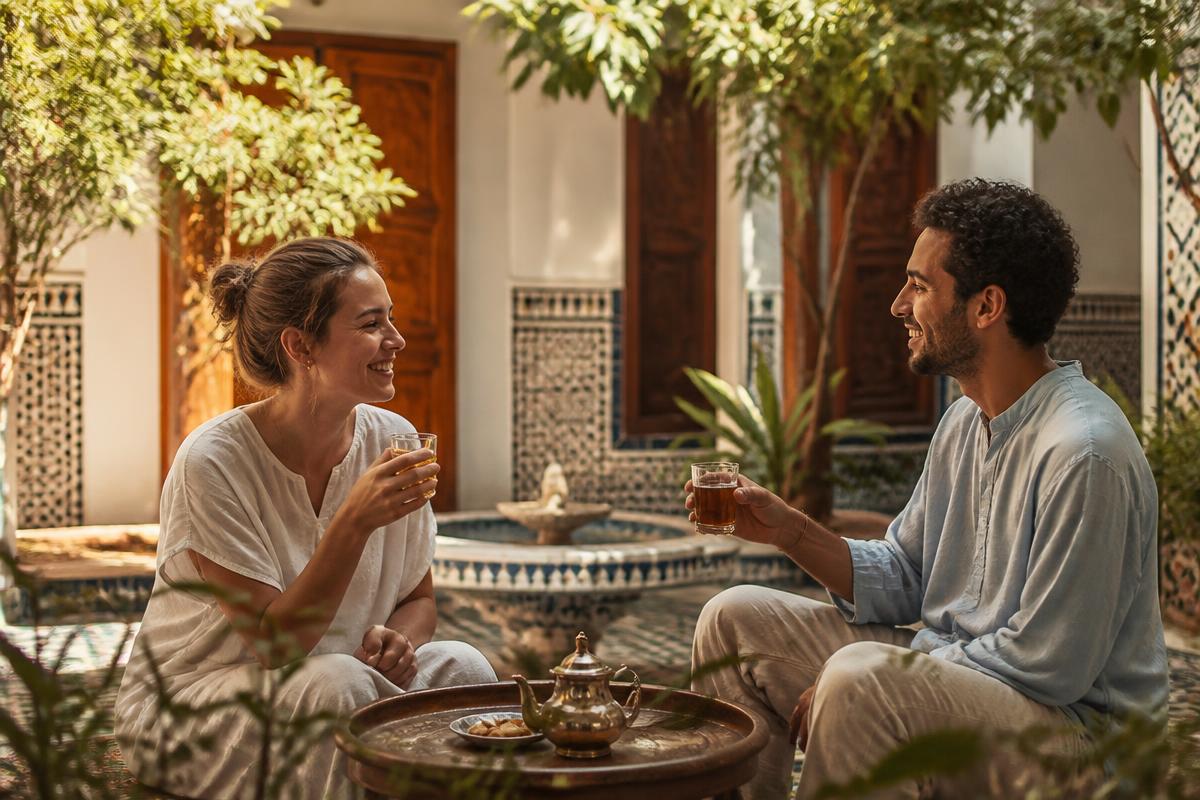 Two people sharing Moroccan mint tea in a sunny riad courtyard